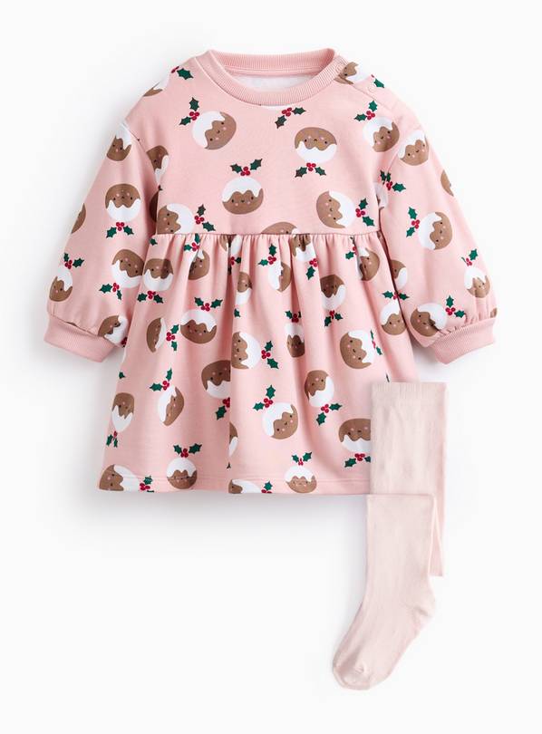 Pink Christmas Pudding Printed Sweatshirt Dress & Tights  18-24 months